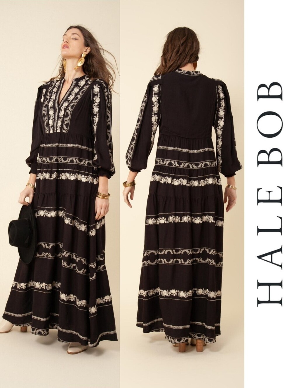 HALE BOB | Luna Embroidered Maxi Dress Black Cotton Long-Sleeve Large